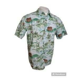 Burton Short Sleeve Button Shirt M Floral Cabin Nature Sasquatch Casual Unique